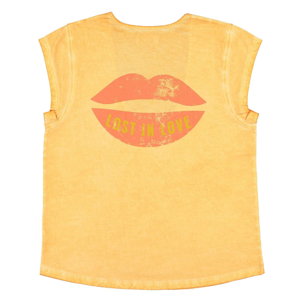 Sisters Department,Sleeveless T-Shirt in Washed Orange w/" Lost in Love" Print,CouCou,Mamma Clothing