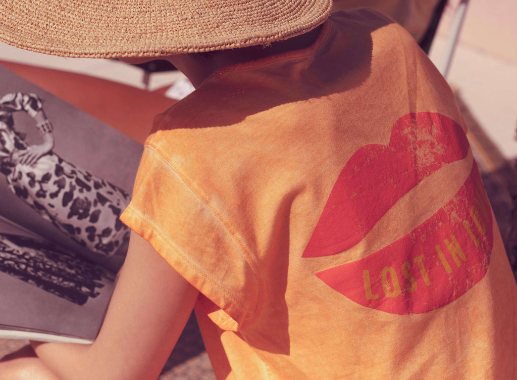 Sisters Department,Sleeveless T-Shirt in Washed Orange w/" Lost in Love" Print,CouCou,Mamma Clothing